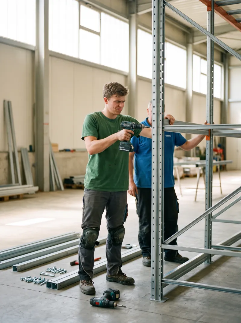 Student zet met een accuboormachine een stalen stelling in elkaar, een collega houdt het frame vast